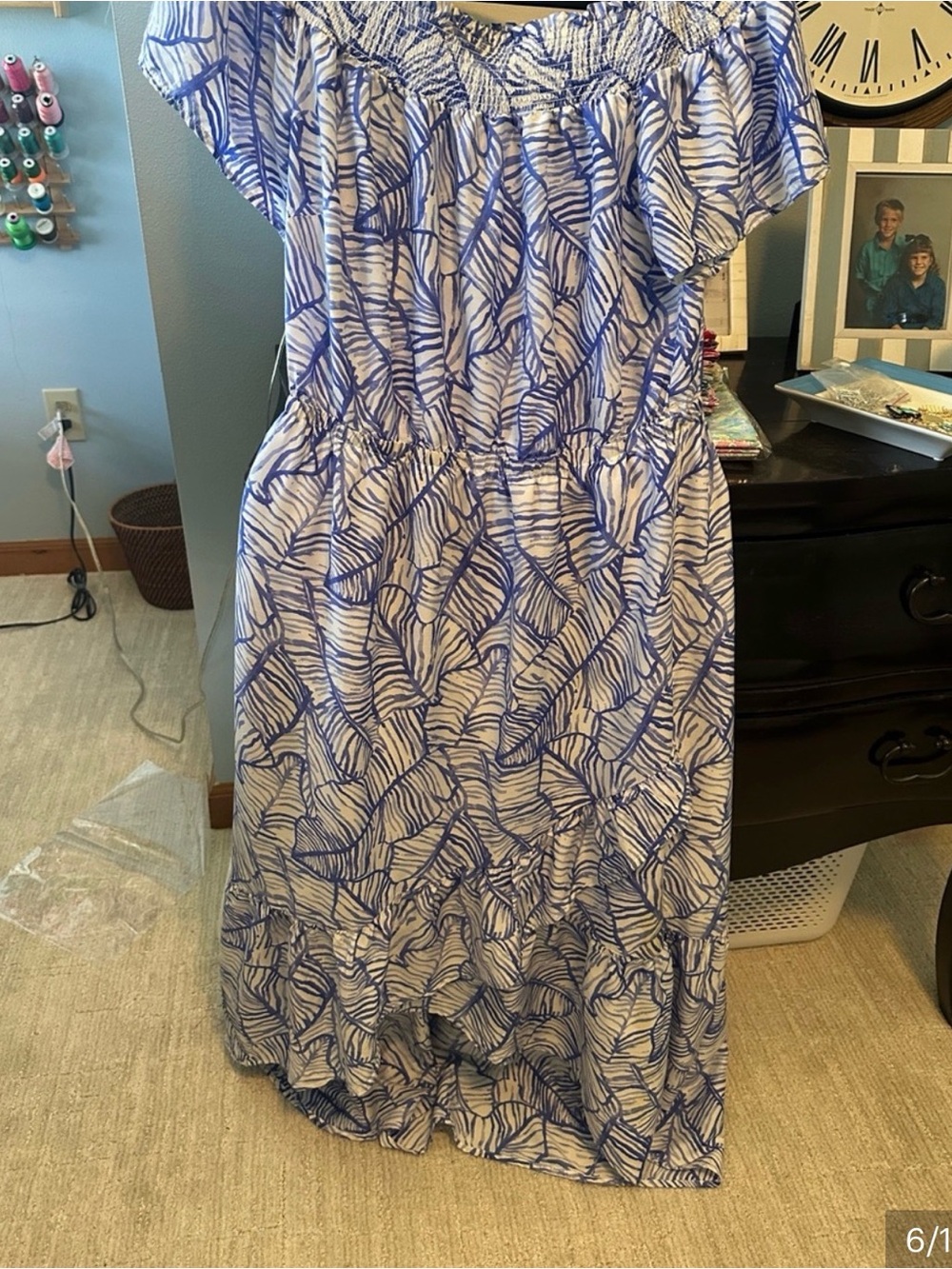 Off-Shoulder Blue Leaf Print Maxi Dress size 10 - Picture 6 of 11